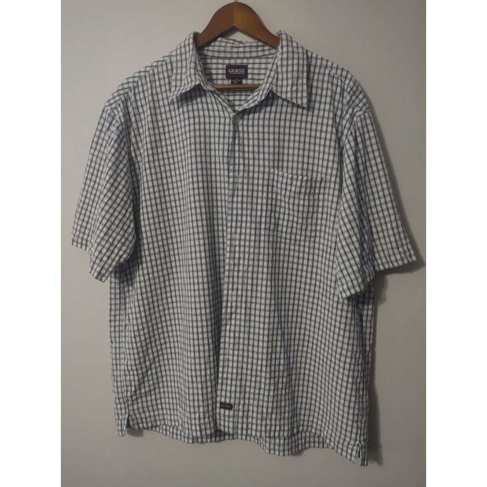 Men's Guess Button Down Shirt XL White Blue Plaid